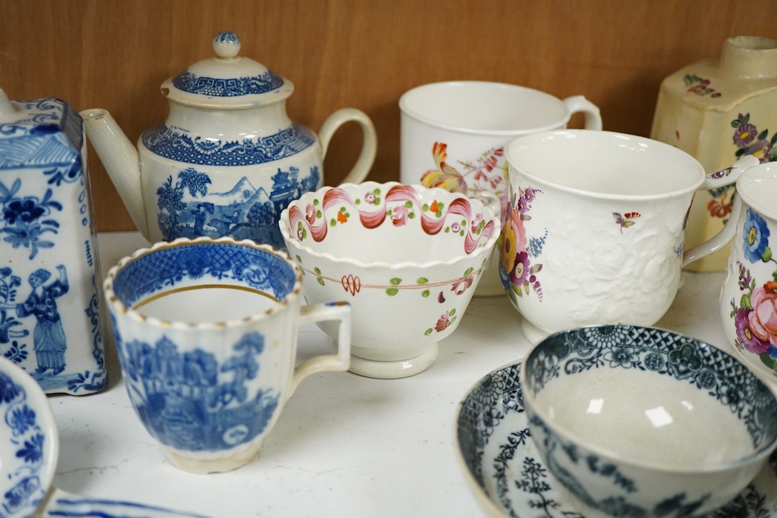 A group of late 18th century cream ware including a tea caddy a slops bowl, a tea bowl and saucer etc. and various 19th-century porcelain and pottery, blue and white tea caddy, 12cm high.